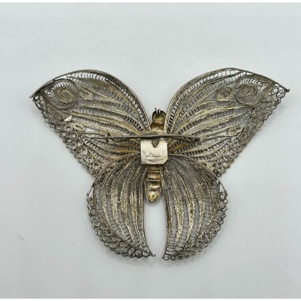 Vintage Mexican Silver Filigree Butterfly Brooch Pin - Picture 6 of 9
